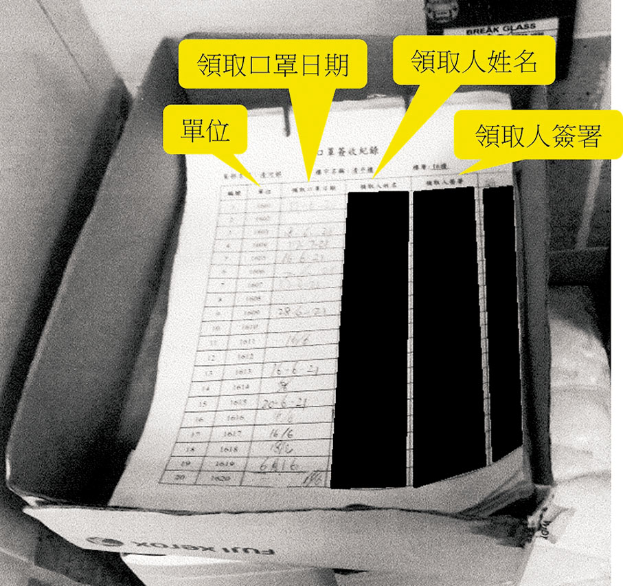 ◆上水清河邨登記居民領取口罩的共用表格,發現住戶資料沒有措施遮掩。私隱公署供圖