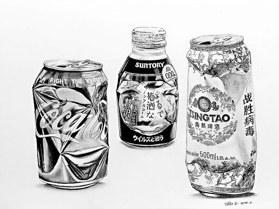 ◆陳少琪涉足多個領域，他用鉛筆描繪不同「國籍」的飲料，比喻不同國家的人都期待疫情早日退散。