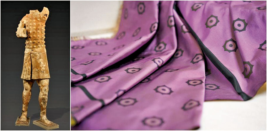 ◆左為K9901坑出土的4號百戲俑，右為復原的百戲俑衣服面料。 受訪者供圖
