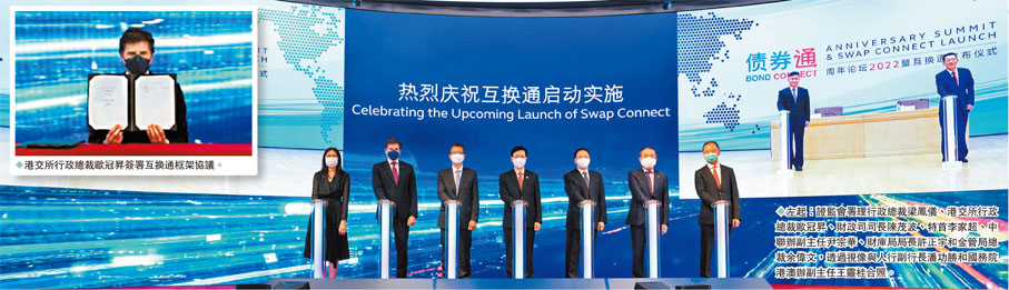 ◆左起：證監會署理行政總裁梁鳳儀、港交所行政總裁歐冠昇、財政司司長陳茂波、特首李家超、中聯辦副主任尹宗華、財庫局局長許正宇和金管局總裁余偉文，透過視像與人行副行長潘功勝和國務院港澳辦副主任王靈桂合照。