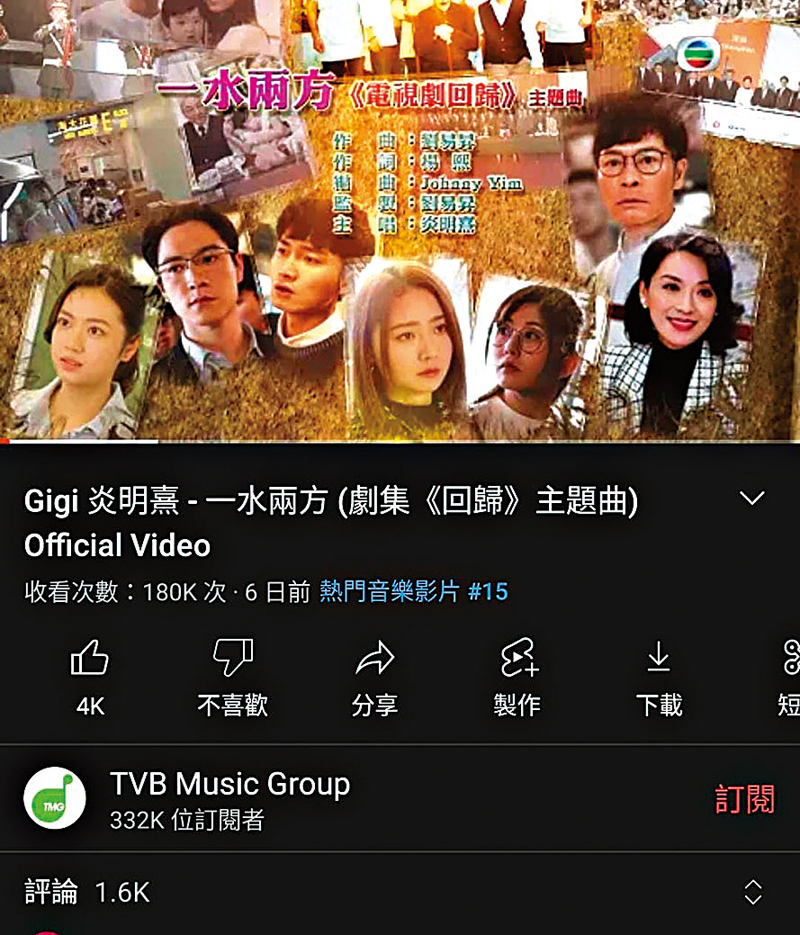 ◆ 《一水兩方》官方MV上載未夠一星期已吸逾18萬點擊次數。