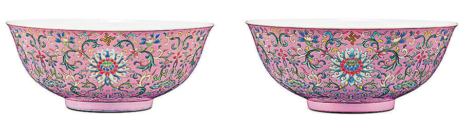 ◆清嘉慶粉紅地粉彩福壽萬年盌(一對)