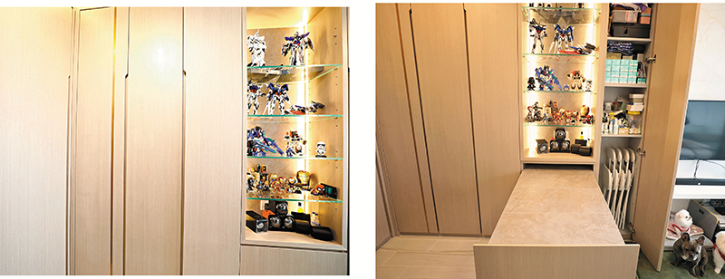 ◆ 大櫃中隱藏了摺合式餐枱及餐椅，打開後可供4個人用餐，平日則可收起，讓戶主與寵物有充足的活動空間。