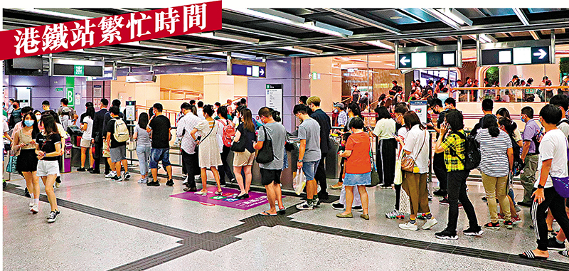 ◆ 據香港文匯報記者現場所見，不論是上班或者下班時間，港鐵康城站都出現人龍，特別是上班時間早上7時至8時半，人龍更由閘機延伸至商場內。