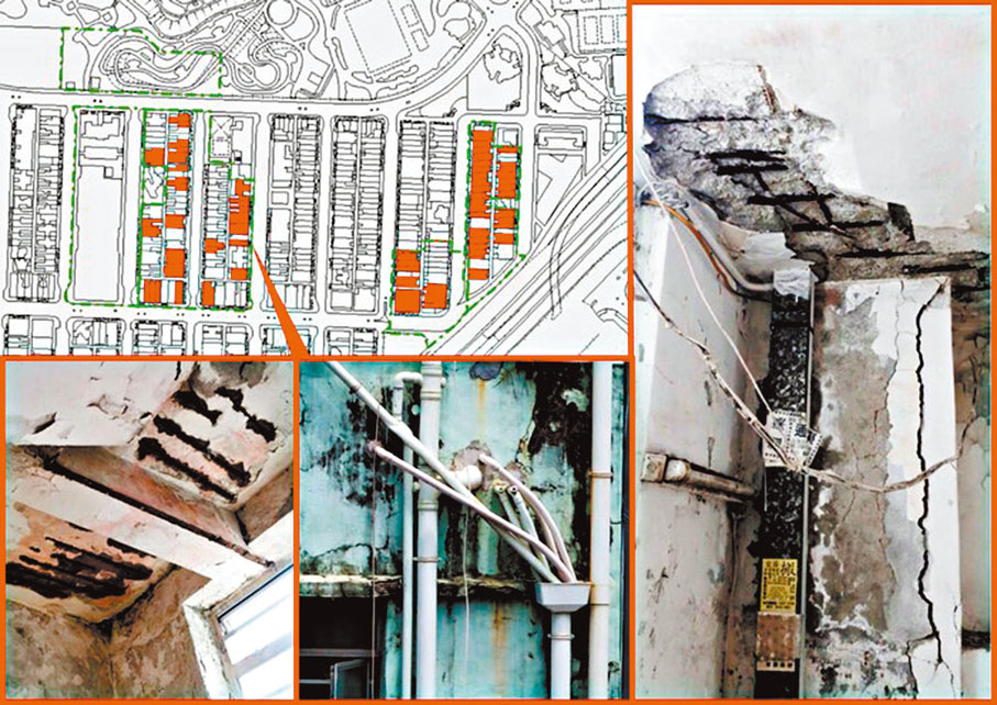 ◆市建局於衙前圍道及啟德道的重建項目，其中一幢屬於第五級的舊樓，卻出現公用地方鋼筋外露、渠管亂駁等情況。 網誌圖片