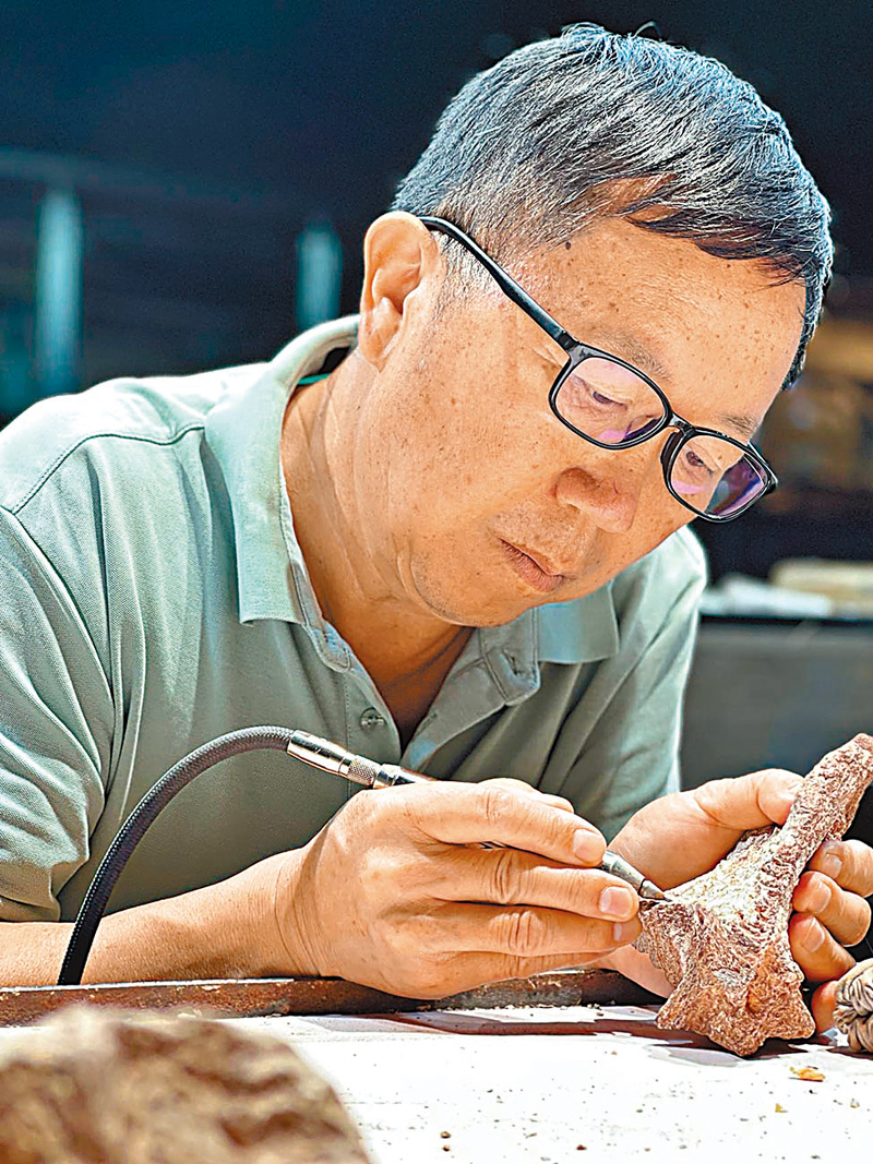 ◆被業內稱作祿豐「小龍王」的王濤正在認真修復恐龍化石。 香港文匯報記者譚旻煦  攝