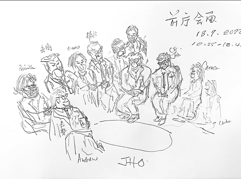 ◆何君堯將與特首在前廳會面的事件生動地以鉛筆記錄了下來。  受訪者供圖