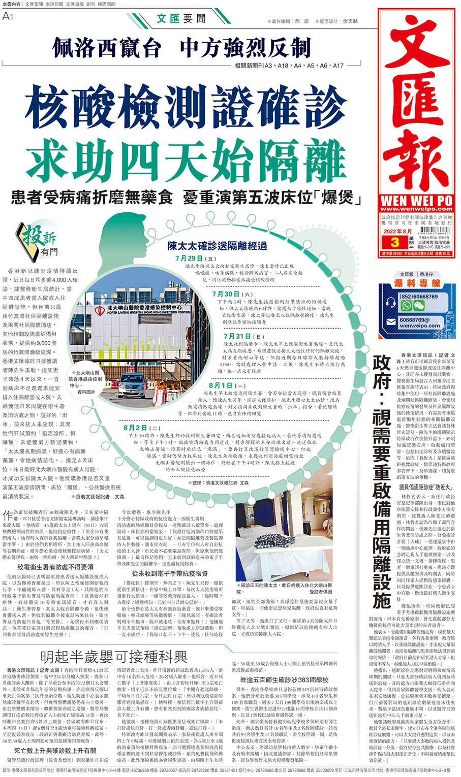 ◆ 香港文匯報昨日報道，陳太染疫後撲足4天床位始獲安排入院。