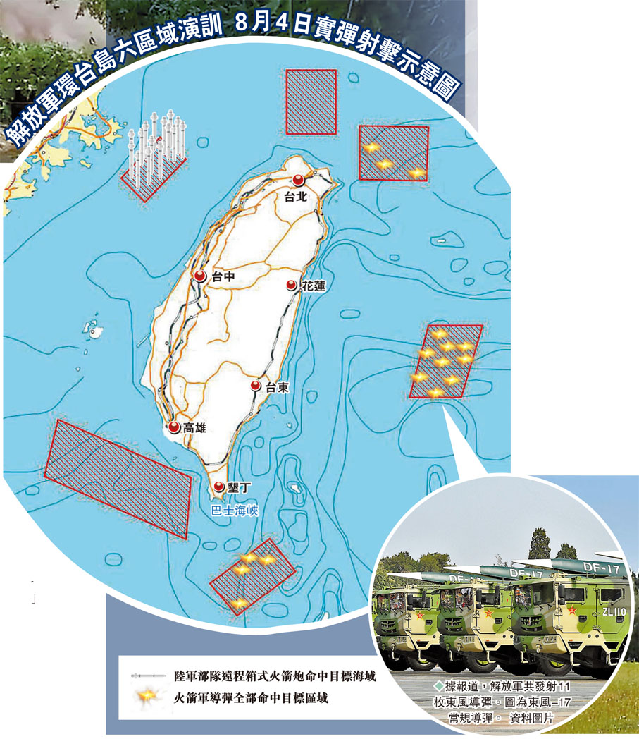 解放軍環台島六區域演訓  8月4日實彈射擊示意圖