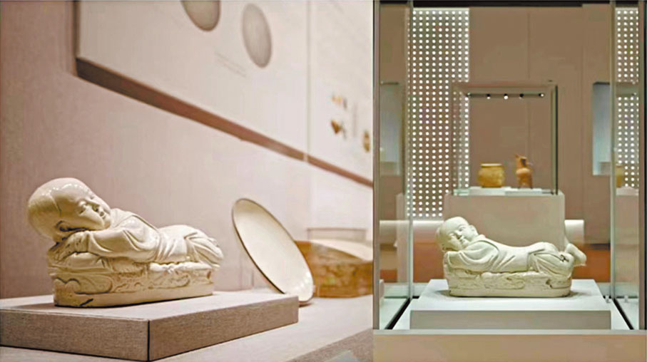 ◆ 「凝土為器」展覽中，韓倩推薦北宋時期定窯白釉孩兒枕，這件文物在香港故宮文化博物館的展期為3個月。 視頻截圖