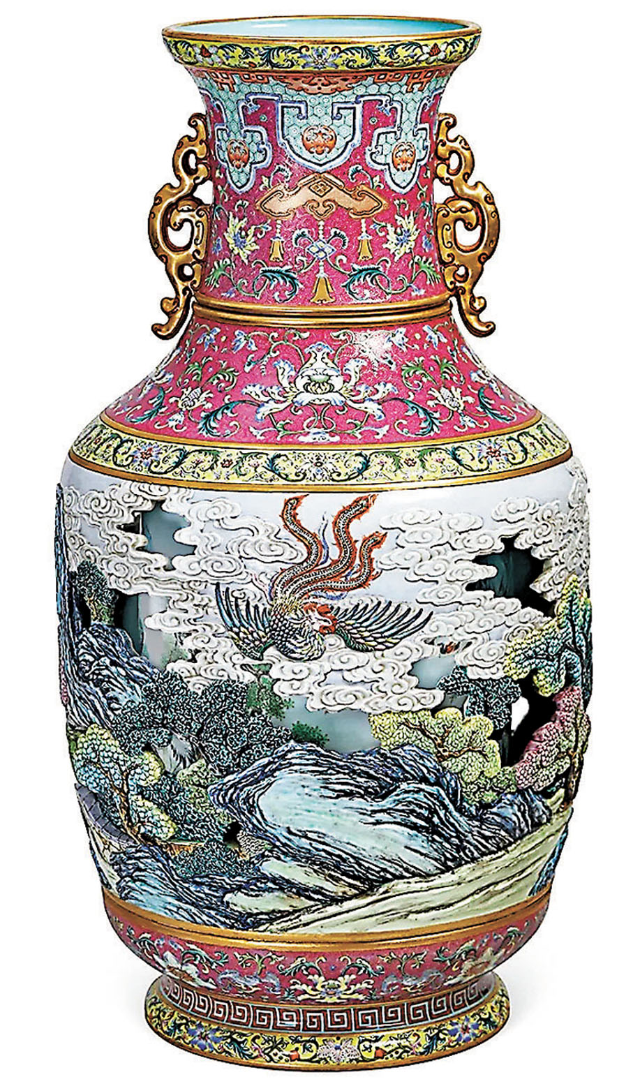 ◆清乾隆御製洋彩雕瓷「有鳳來儀」大轉心瓶