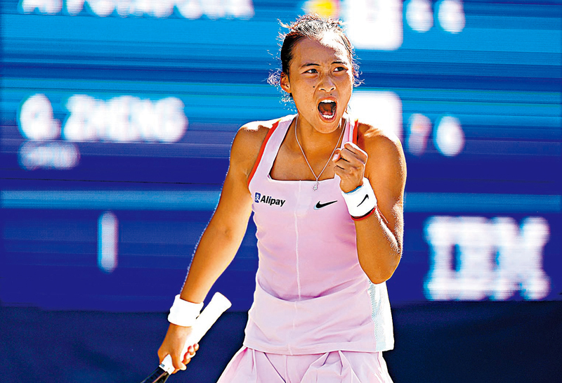 ◆鄭欽文在比賽中為自己加油打氣。 法新社