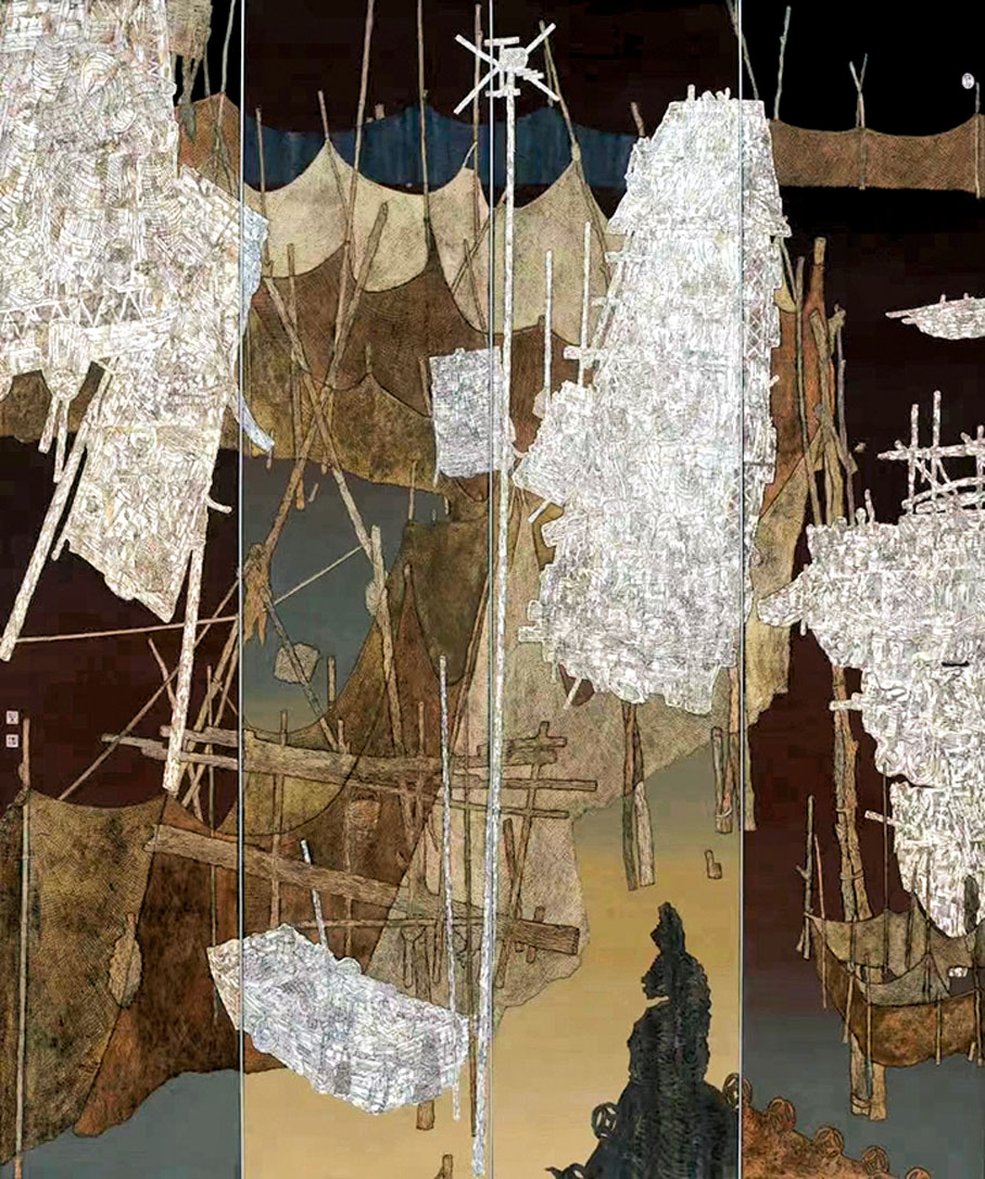 ◆運河·四季·船家   欒劍  工筆重彩  2014年