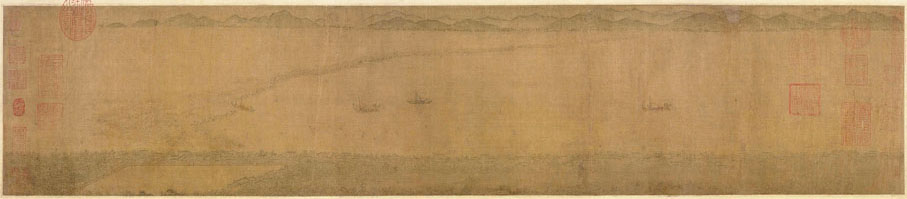 【李嵩 錢塘觀潮圖】◆ 是現存最早表現錢塘江漲潮盛況的畫卷之一，以即景寫實的手法、俯瞰式構圖，刻畫漲潮時波濤漸起及船隻緊急歸岸的情景。