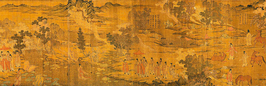 【顧愷之 洛神賦全圖（南宋摹本）】◆ 以多個界格節書《洛神賦》賦文，文字避諱有南宋初年特色，書法亦帶當時流行的顏真卿體書風。