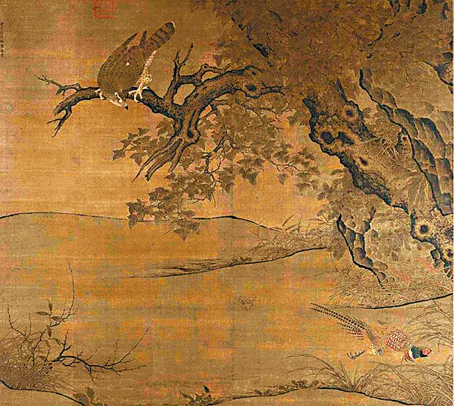 【李迪 楓鷹雉雞圖】◆此畫側重細緻地表現錦雞拔足飛奔的瞬間動態，展示出畫家出眾的觀察力和繪畫技巧。