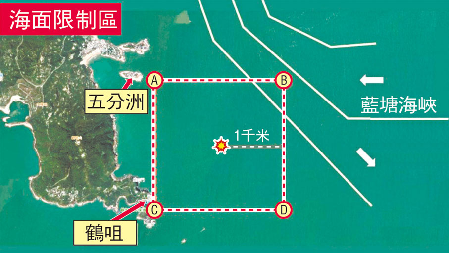 ◆水警和海事處封鎖水雷位置方圓一公里內的水域範圍。海上封鎖範圍