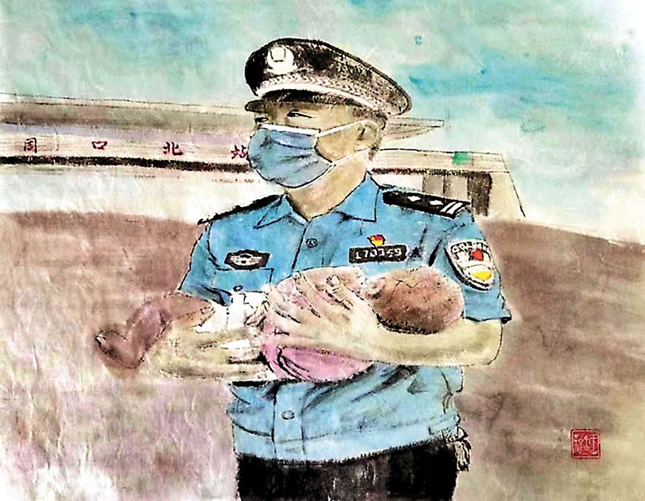 ◆王璐作品《抱嬰兒的民警》。 受訪者供圖