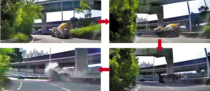 ◆網上昨日流傳田螺車意外發生一刻的「車Cam」片段，整個肇事過程僅約4秒鐘。車Cam截圖