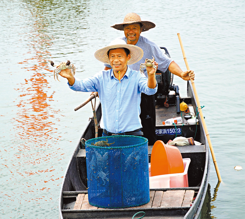 ◆陽澄湖大閘蟹第一簍蟹捕撈出水。圖為蟹農舉剛出水的大閘蟹，公蟹半斤重，母蟹3.5両。 香港文匯報記者陳旻  攝