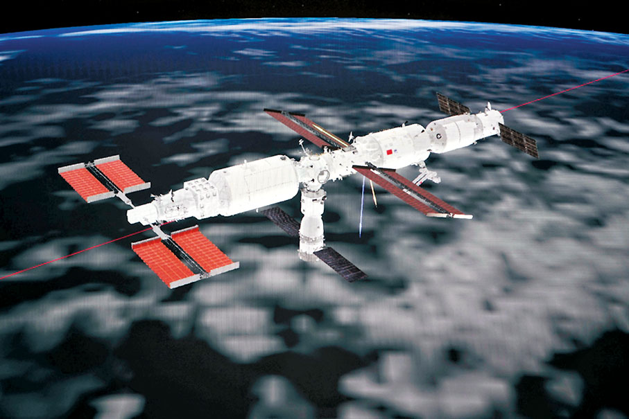 ◆問天實驗艙與空間站組合體交會對接模擬圖像。 資料圖片