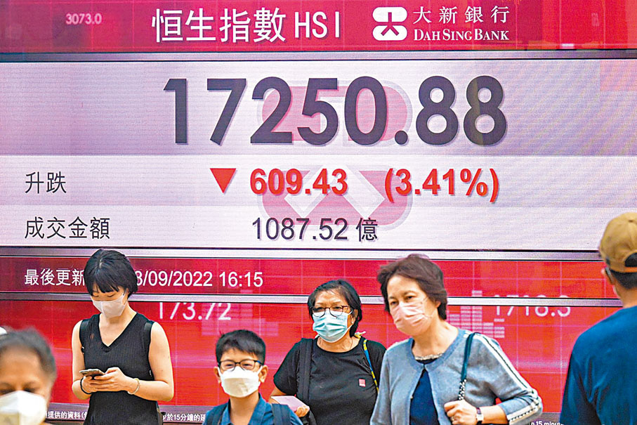 ◆亞太區股市昨全線下跌，其中恒指更挫逾600點，跑輸區內股市。  中新社