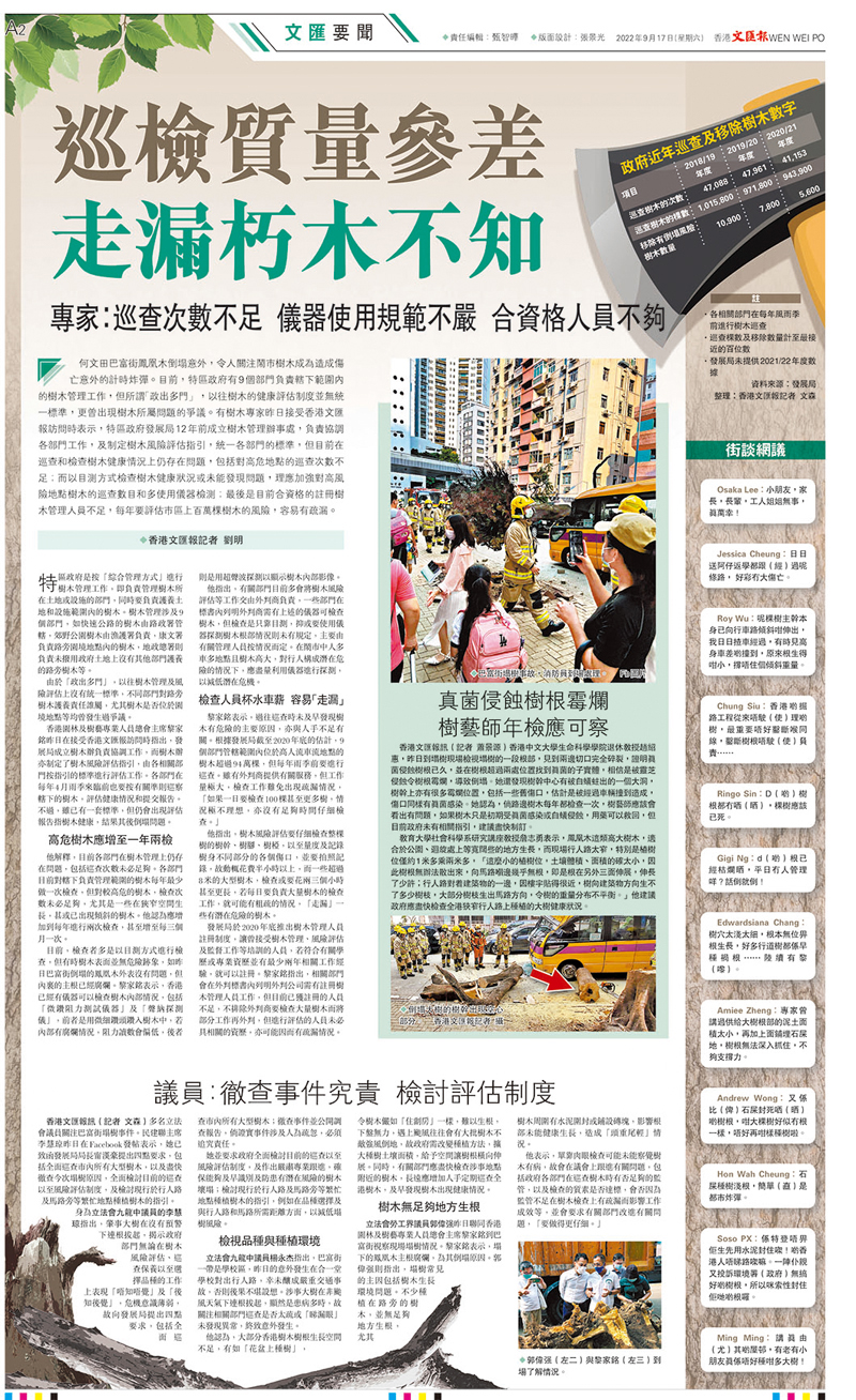 ◆ 香港文匯報早前報道樹木巡檢質量有參差，容易走漏「危樹」。