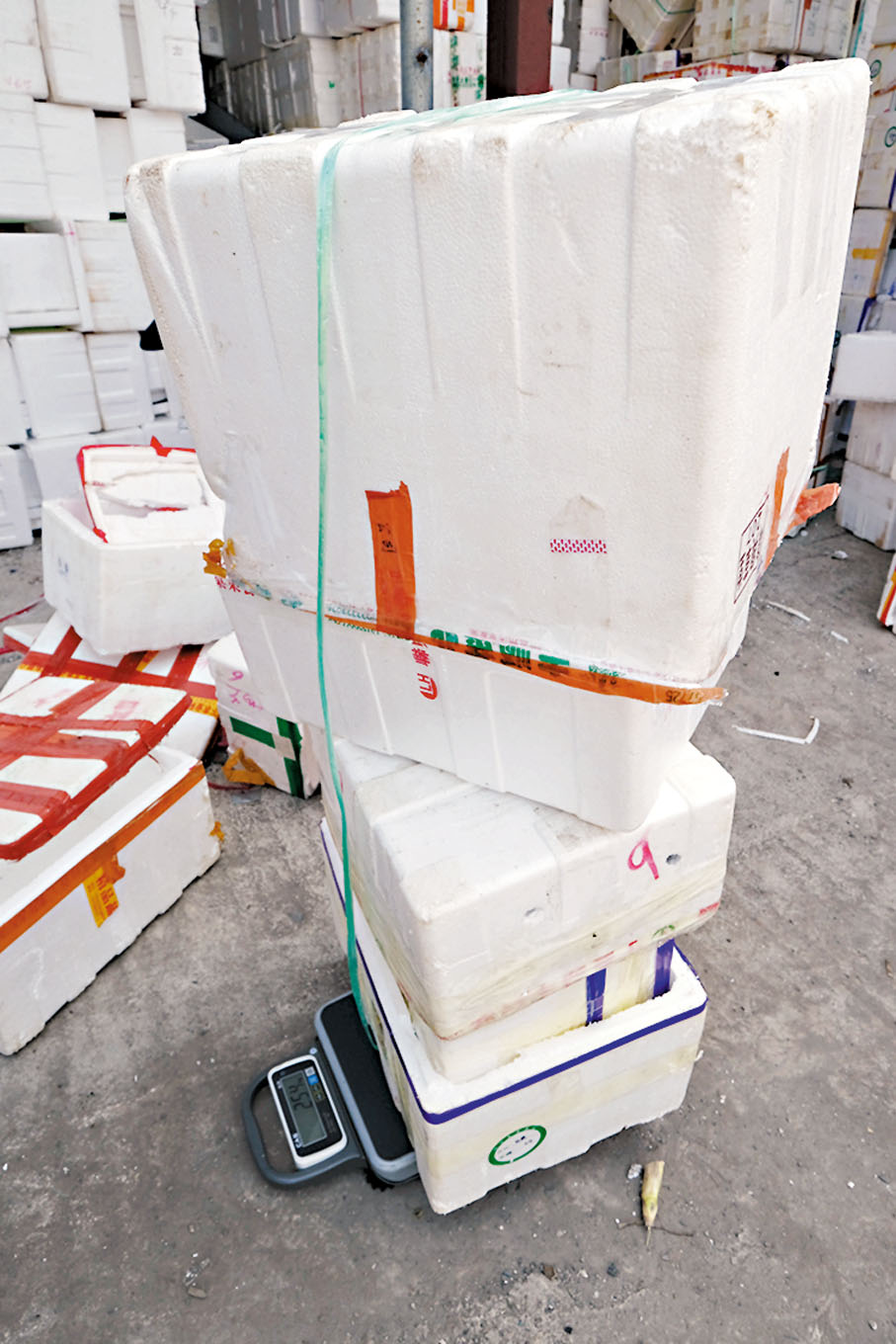 【步驟一】工作人員先除去發泡膠箱上的污物、撕去依附在盒上的標籤貼或封箱膠紙等