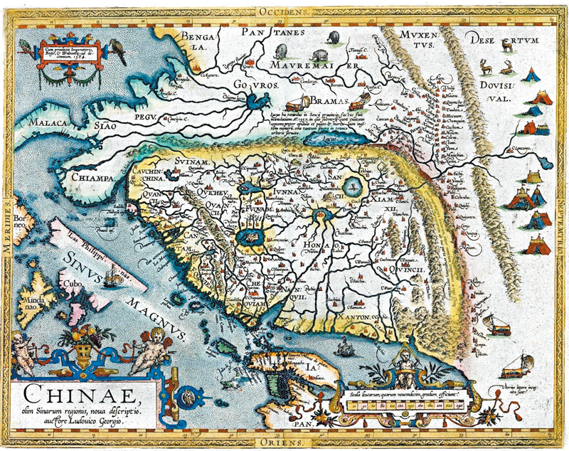 ◆ 此圖據葡萄牙地理學者巴布達的報告繪製，1584年首見於地理學者奧特里烏斯所編之《寰宇概觀》。科大圖書館圖片