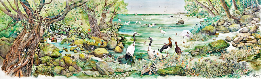 ◆《青林翠羽蝶舞圖》，水彩紙本，152cm x 500cm