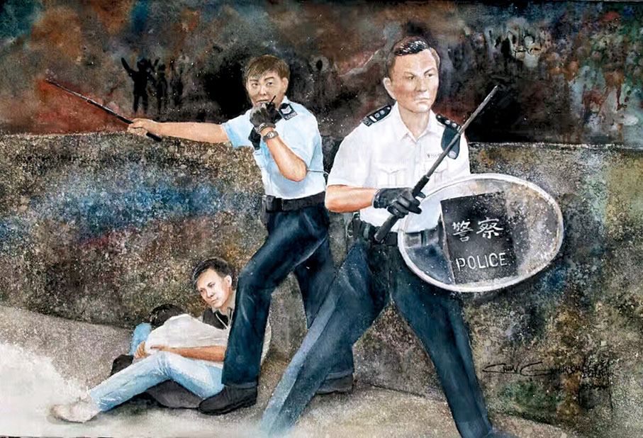 ◆這是鍾建新2014年應警隊之邀為抗黑暴而畫的作品。