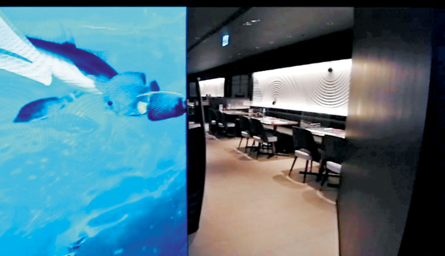 ◆ 餐廳入口以熒幕展示大魚缸，環境舒適。