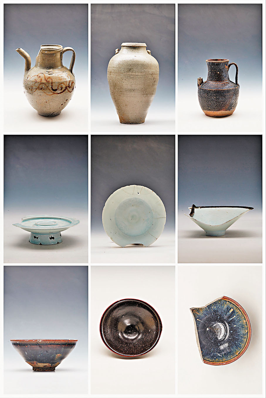 ◆這是溫州朔門古港遺址發掘出的甌窯（上排）、湖田窯（中排）、建窯（下排）瓷器。