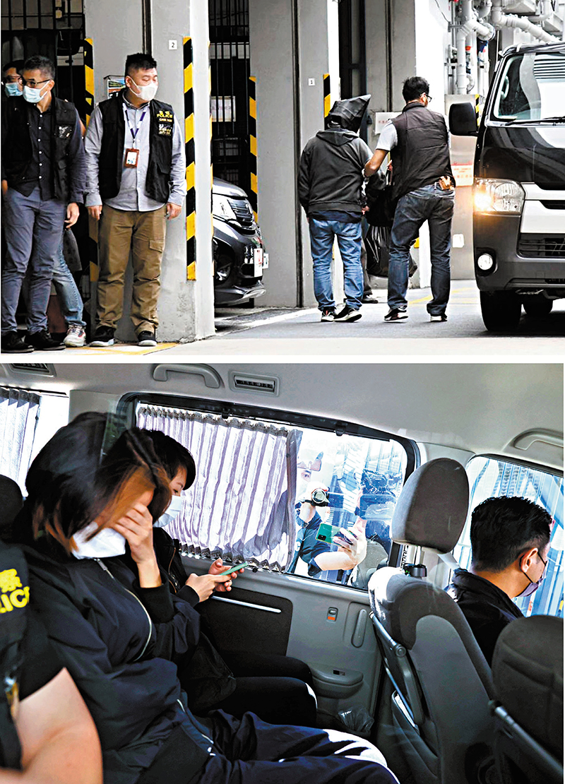 ◆涉紅館演唱會墮屏事件的兩個承辦商共5人昨日被捕。圖為涉案公司一名男職員和女職員分別被警方拘捕。 香港文匯報記者劉友光 攝