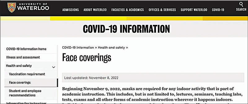 ◆ 滑鐵盧大學在網站公布強制室內戴口罩規定。   成小智  攝