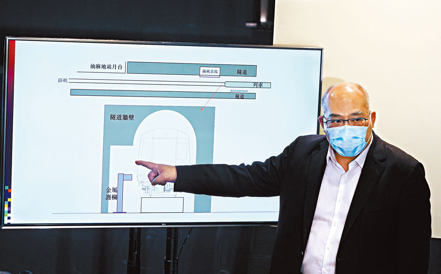 ◆港鐵車務總監李家潤交代油麻地站列車出軌甩門事故。 香港文匯報記者曾興偉 攝