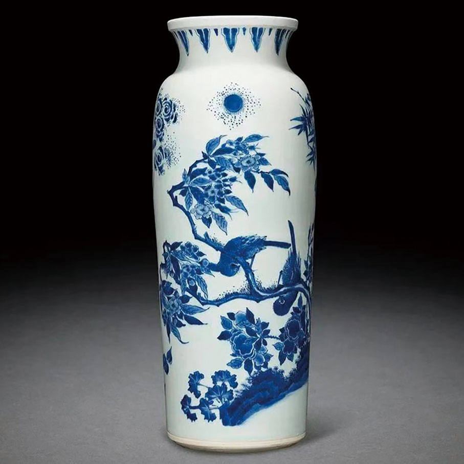 ◆ 順治 青花花鳥竹紋筒瓶