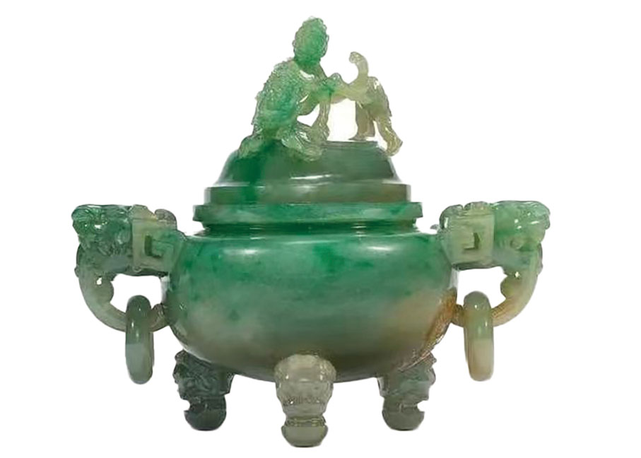 ◆ 清 翡翠獅耳銜環三足爐