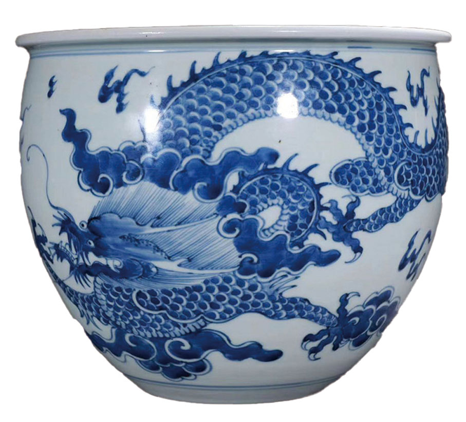 ◆ 康熙 青花雲龍紋卷缸