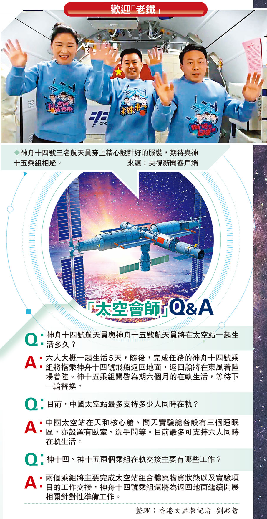 ◆神舟十四號三名航天員穿上精心設計好的服裝，期待與神十五乘組相聚。 來源：央視新聞客戶端