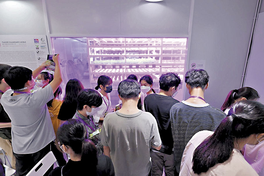 ◆ 學生們參觀位於精密製造中心的綠芝園，了解魚菜共生種植系統。