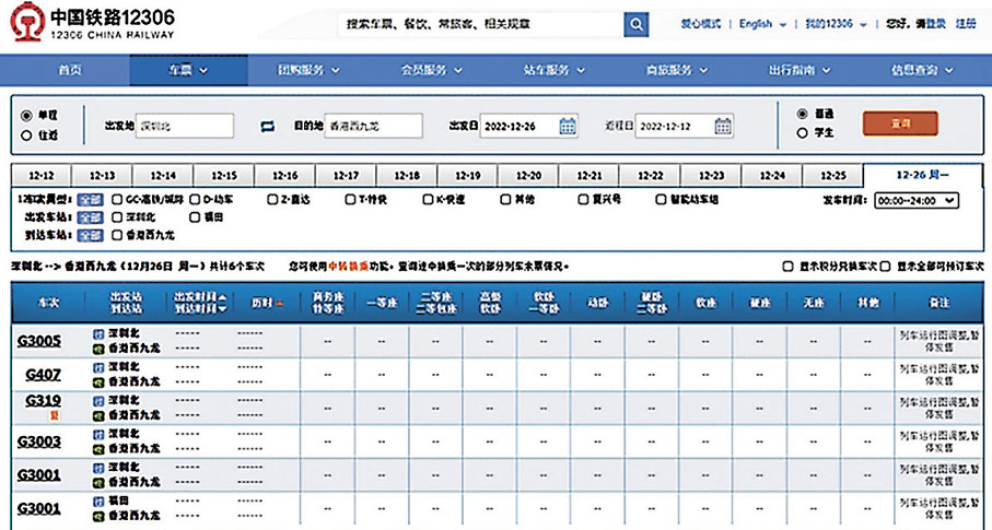 ◆12306售票網列出12月26日深圳有6班「不售票」高鐵列車到西九龍站。 售票網截圖