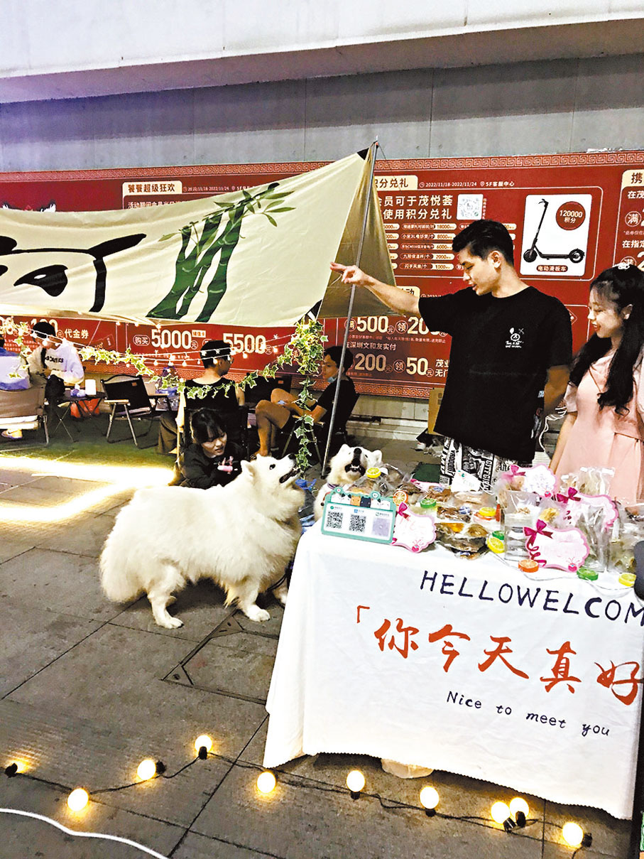 ◆黃維帶着兩隻薩摩耶前往擺攤， 冀拓寬銷售渠道。