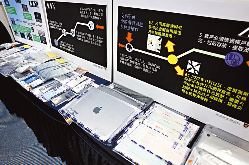 ◆警方以示意圖解釋案情及展示檢獲的證物。 香港文匯報記者鄺福強 攝