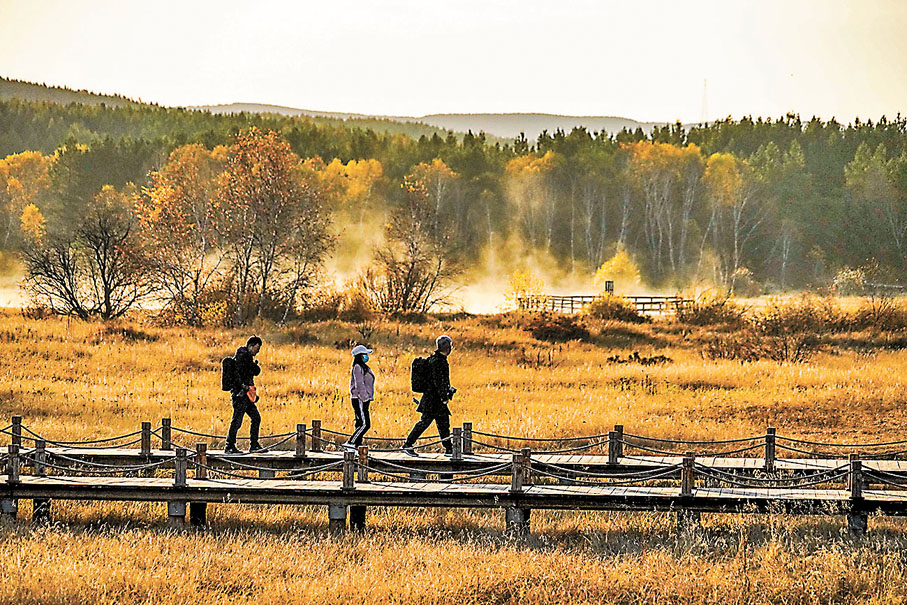 ◆遊客在位於承德市的河北省塞罕壩國家森林公園欣賞秋日晨景。