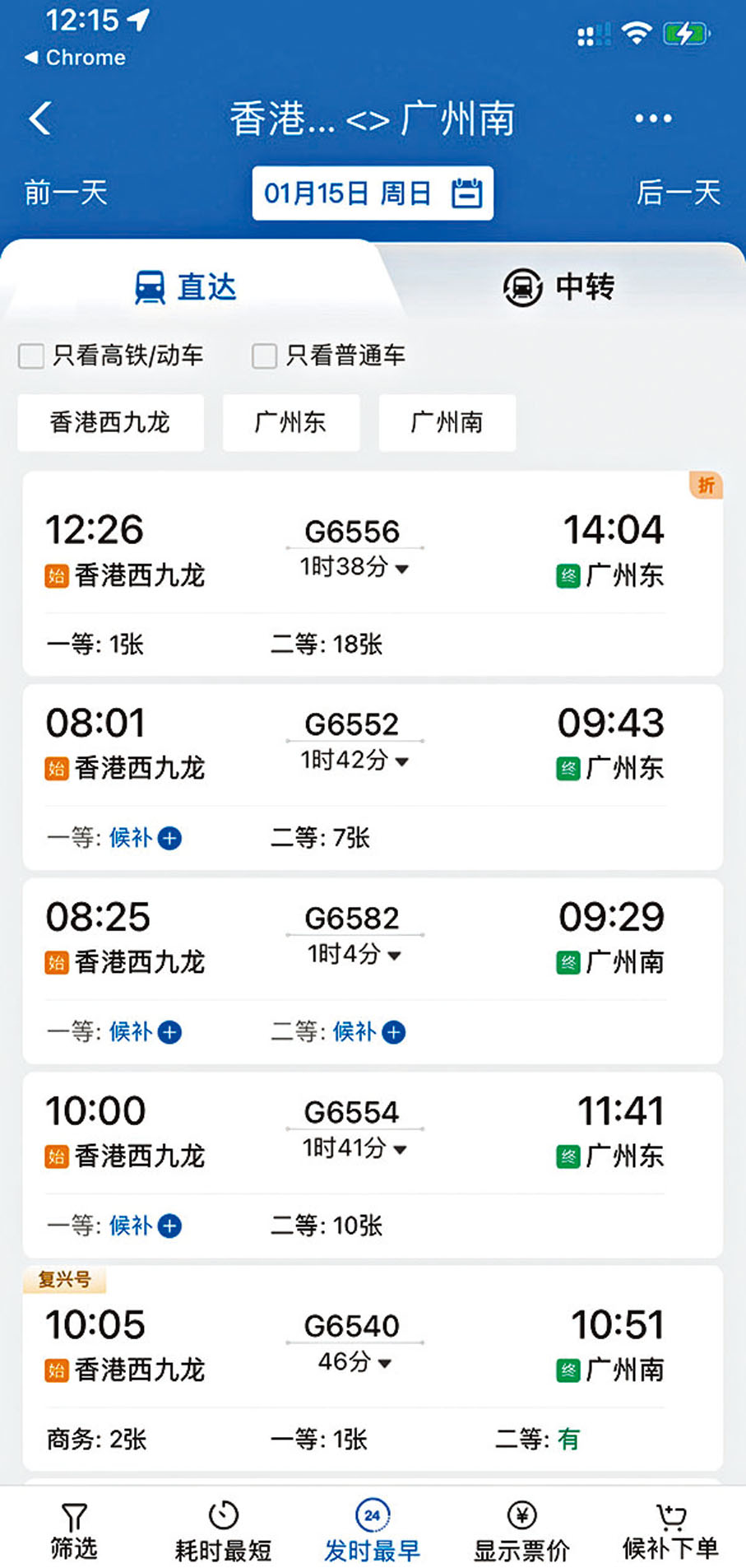 ◆記者昨日在12點15分時候,發現香港西九龍站至廣州南站的多數車票已需「候補」。