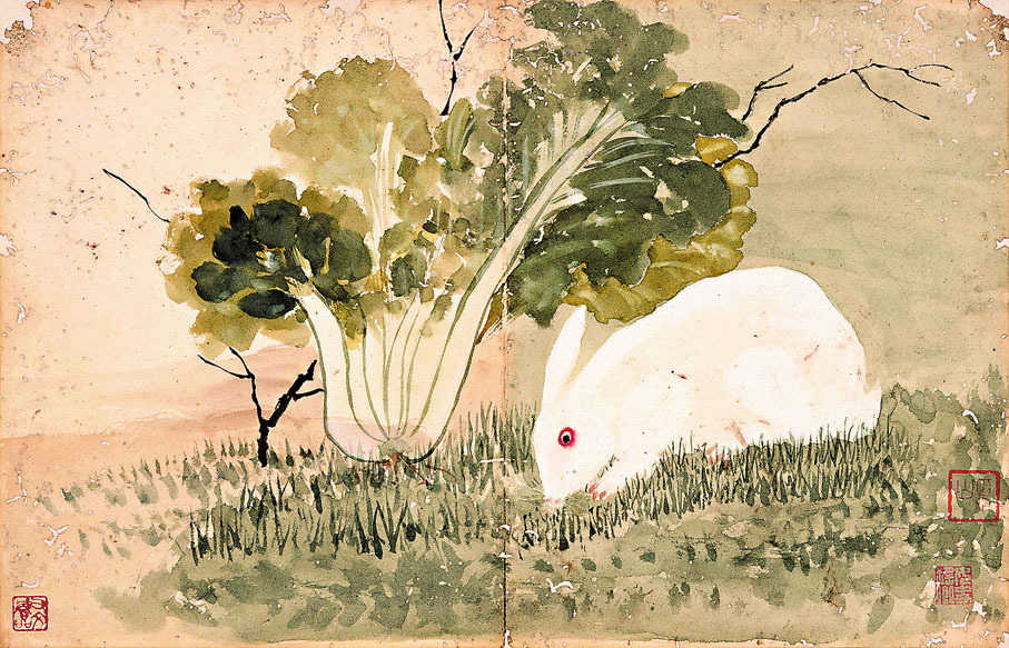 ◆潘瑤卿《白兔青菜》(《仿古冊頁》之一) 道光年間 香港中文大學文物館藏