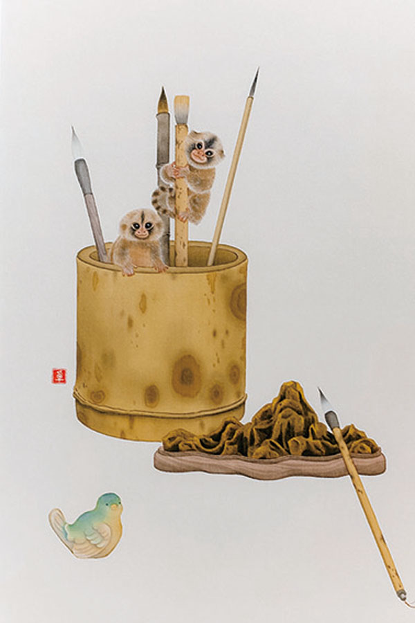 ◆ 卓家慧《石猴文房圖》。