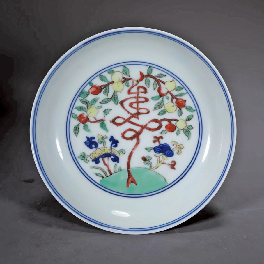 ◆明嘉靖 青花五彩壽字盤