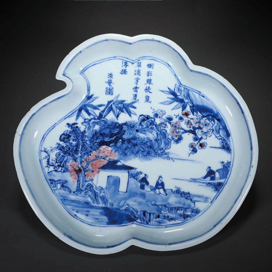 ◆康熙 青花釉裏紅山水人物詩文桃型盤
